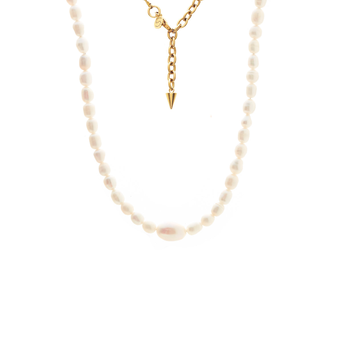 Silk & Steel Pearl Necklace in 14k gold-plated stainless steel with freshwater pearls.