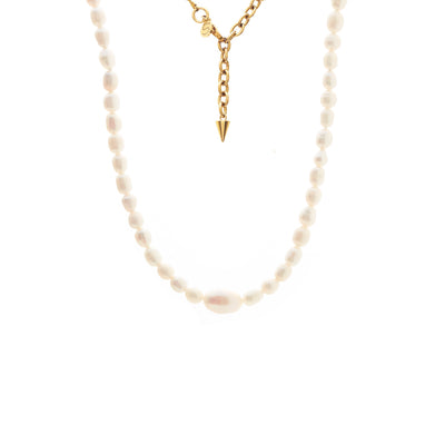 Silk & Steel Pearl Necklace in 14k gold-plated stainless steel with freshwater pearls.