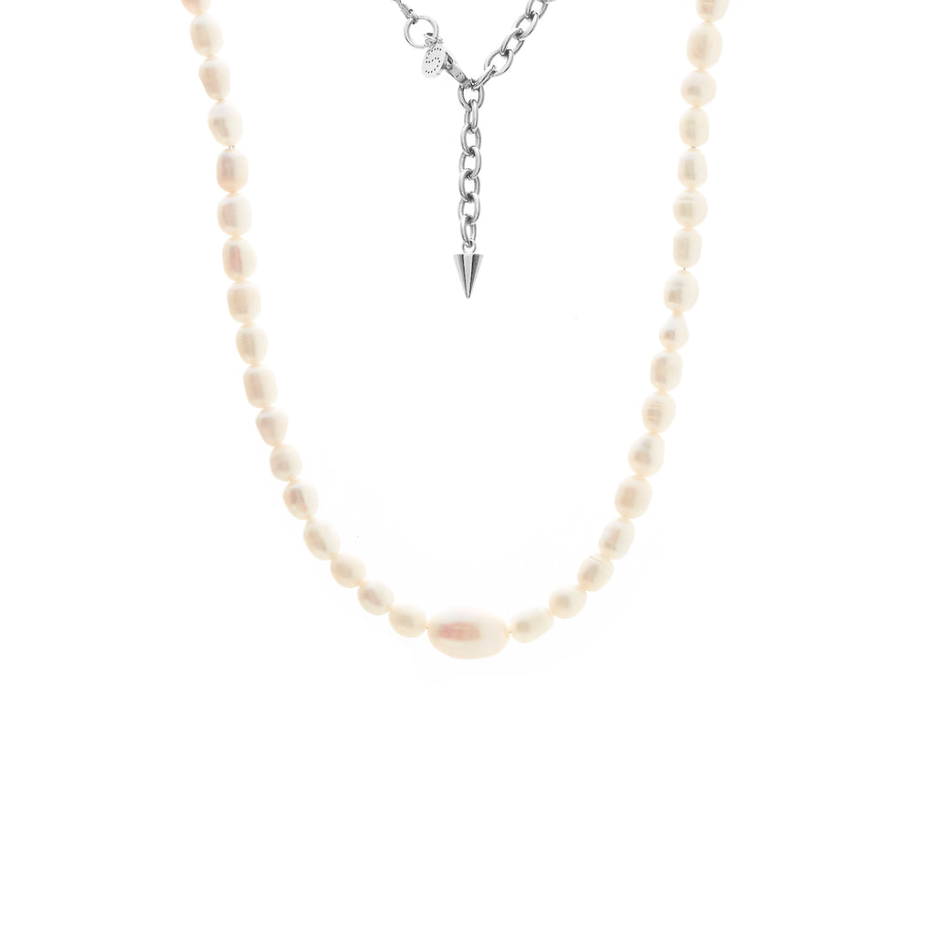 Silk & Steel Pearl Necklace in silver stainless steel with freshwater pearls.