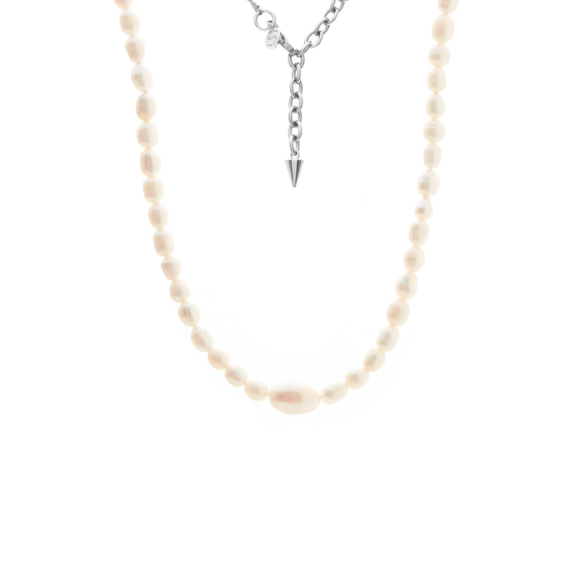 Silk & Steel Pearl Necklace in silver stainless steel with freshwater pearls.