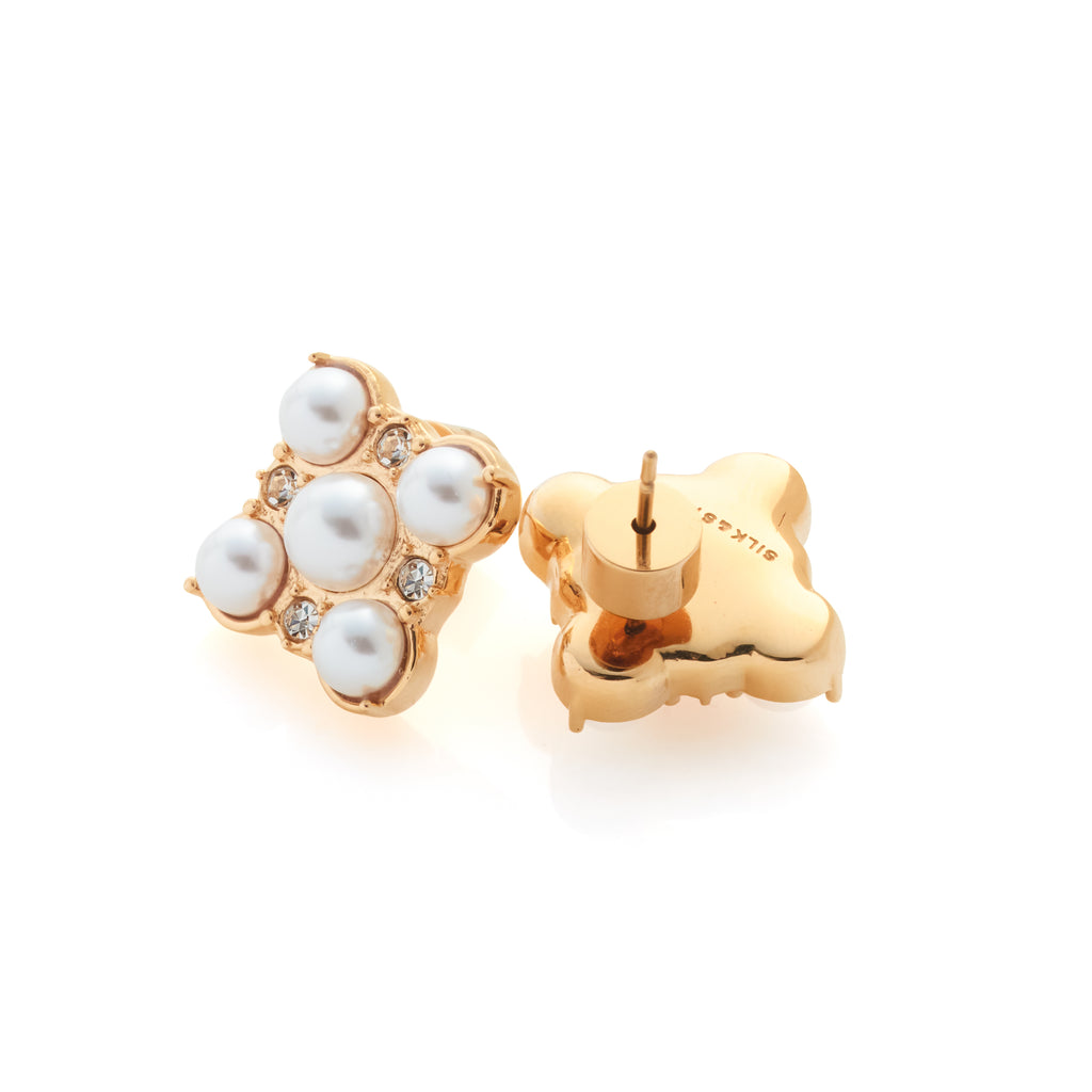 Silk & Steel Perla Studs in 14k gold-plated stainless steel with CZs and faux pearls.