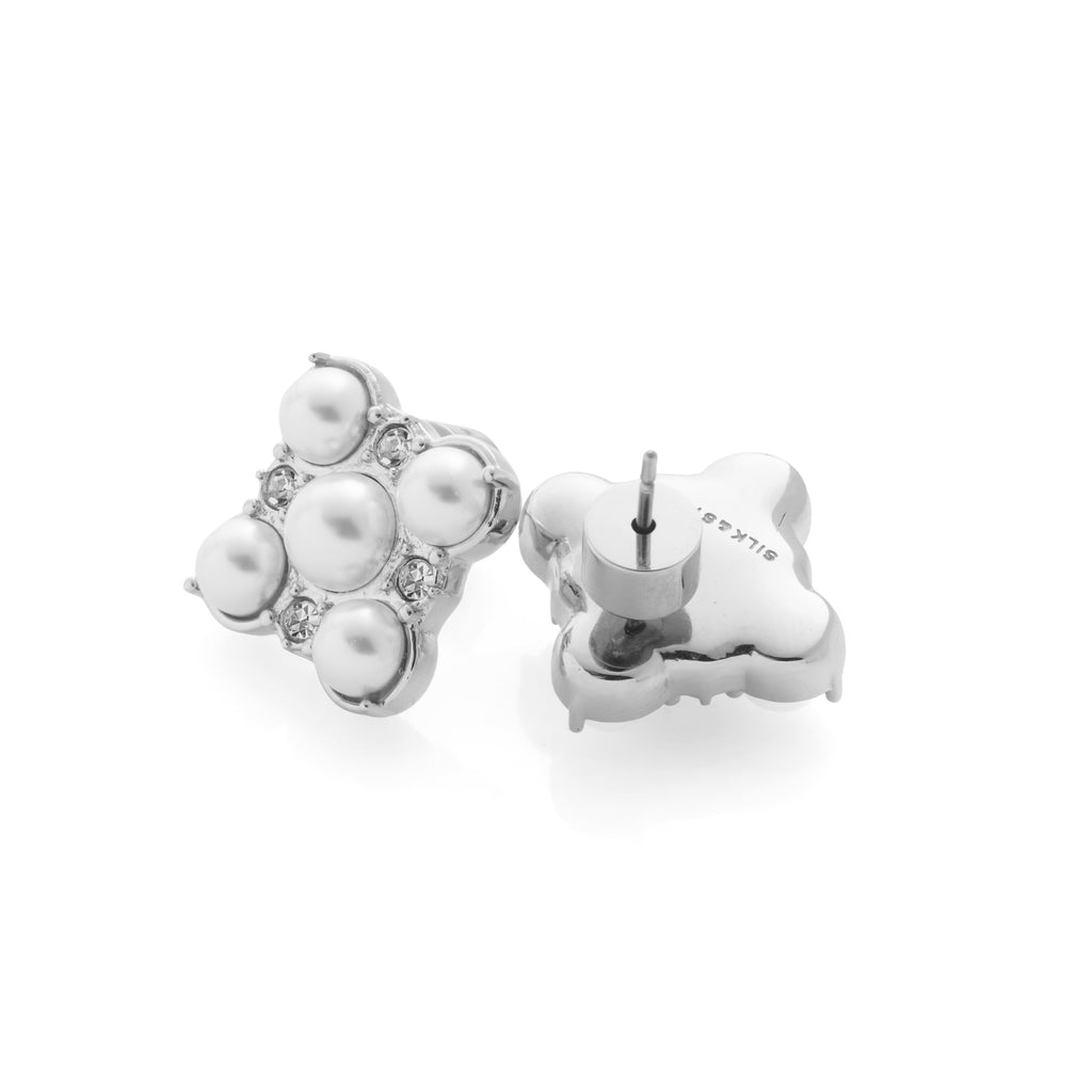 Silk & Steel Perla Studs in high polish silver stainless steel with CZs and faux pearls.