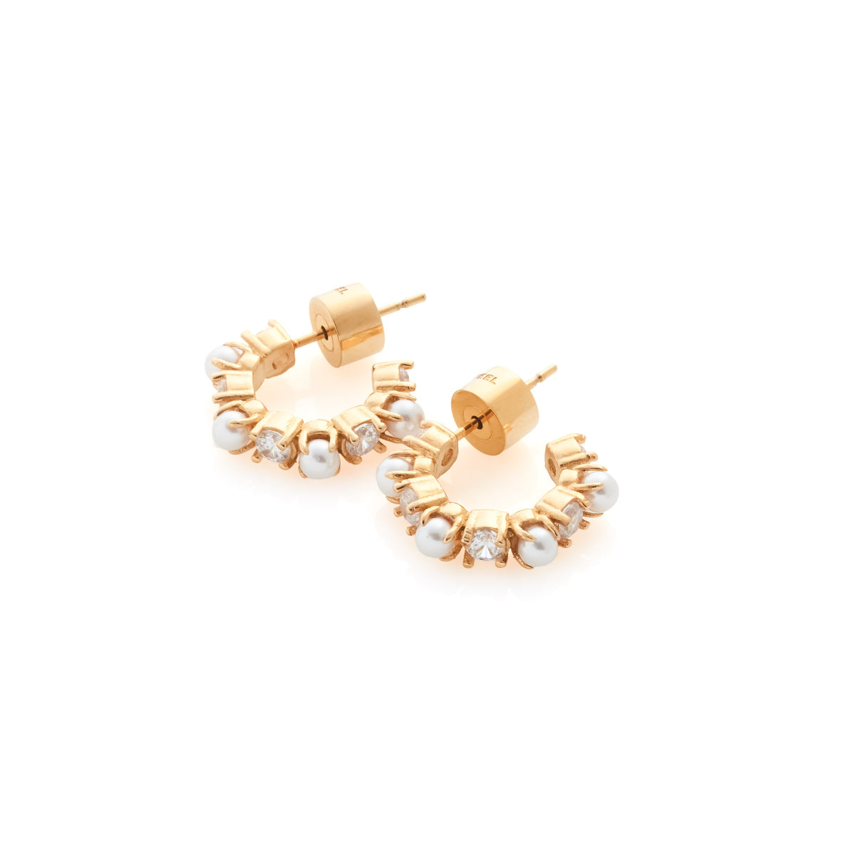 Silk & Steel Perla Hoops in 14k gold-plated stainless steel with CZs and faux pearls.