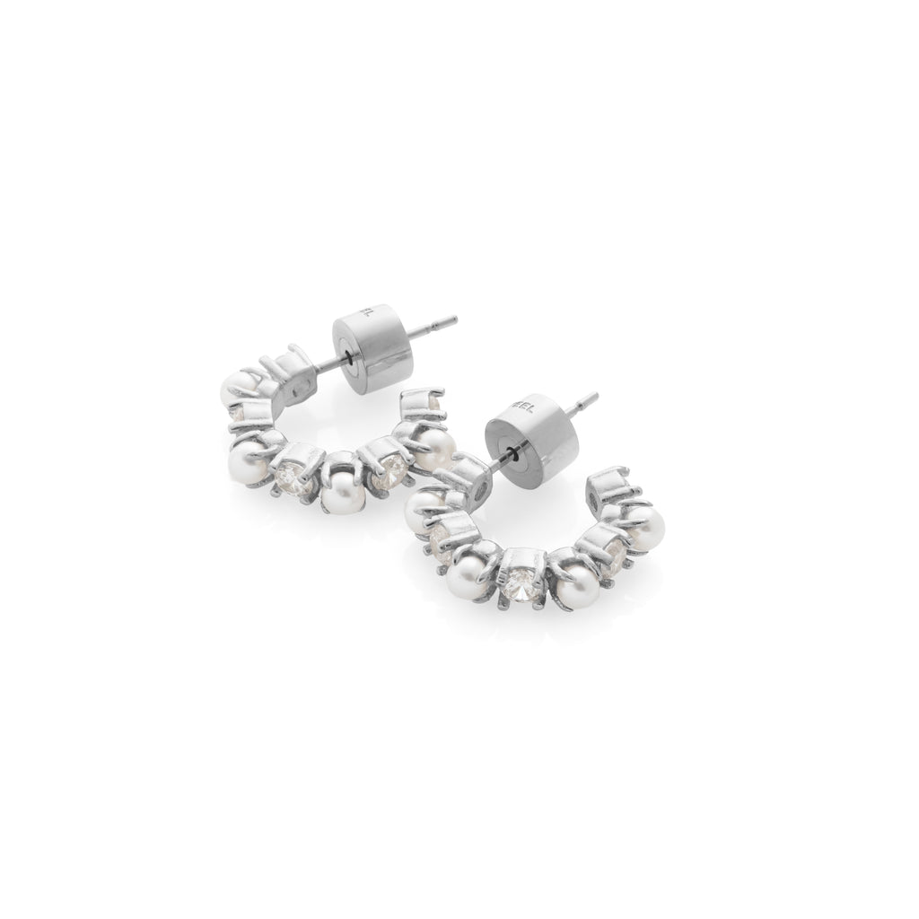 Silk & Steel Perla hoops in high-polish plated stainless steel with CZs and faux pearls