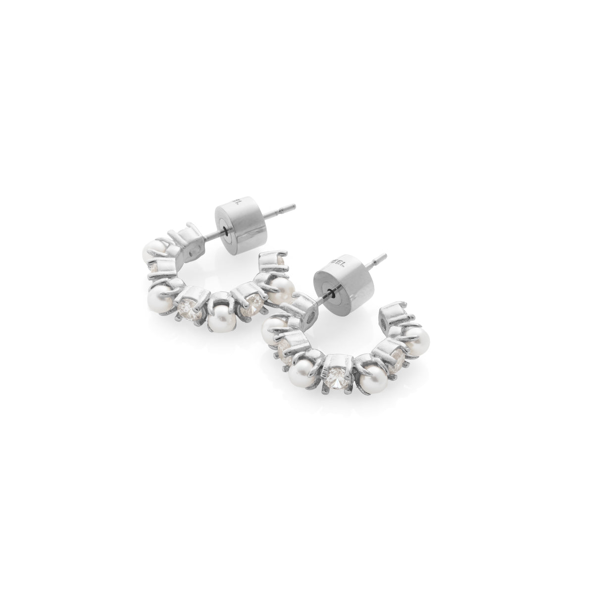 Silk & Steel Perla hoops in high-polish plated stainless steel with CZs and faux pearls
