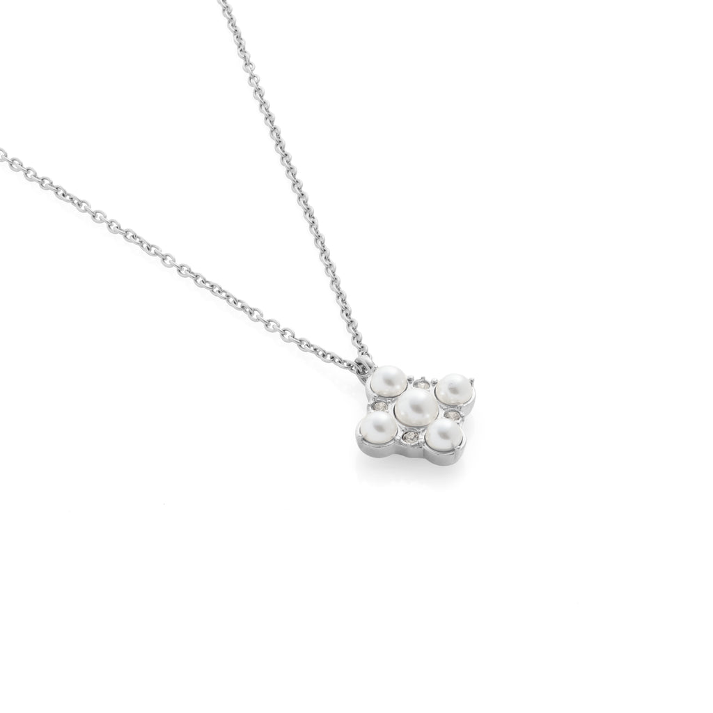 Silk & Steel Perla Necklace in high polish silver stainless steel with CZs and faux pearls.