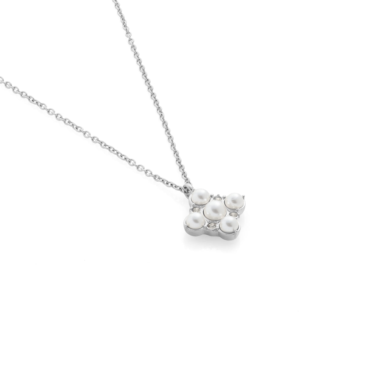 Silk & Steel Perla Necklace in high polish silver stainless steel with CZs and faux pearls.