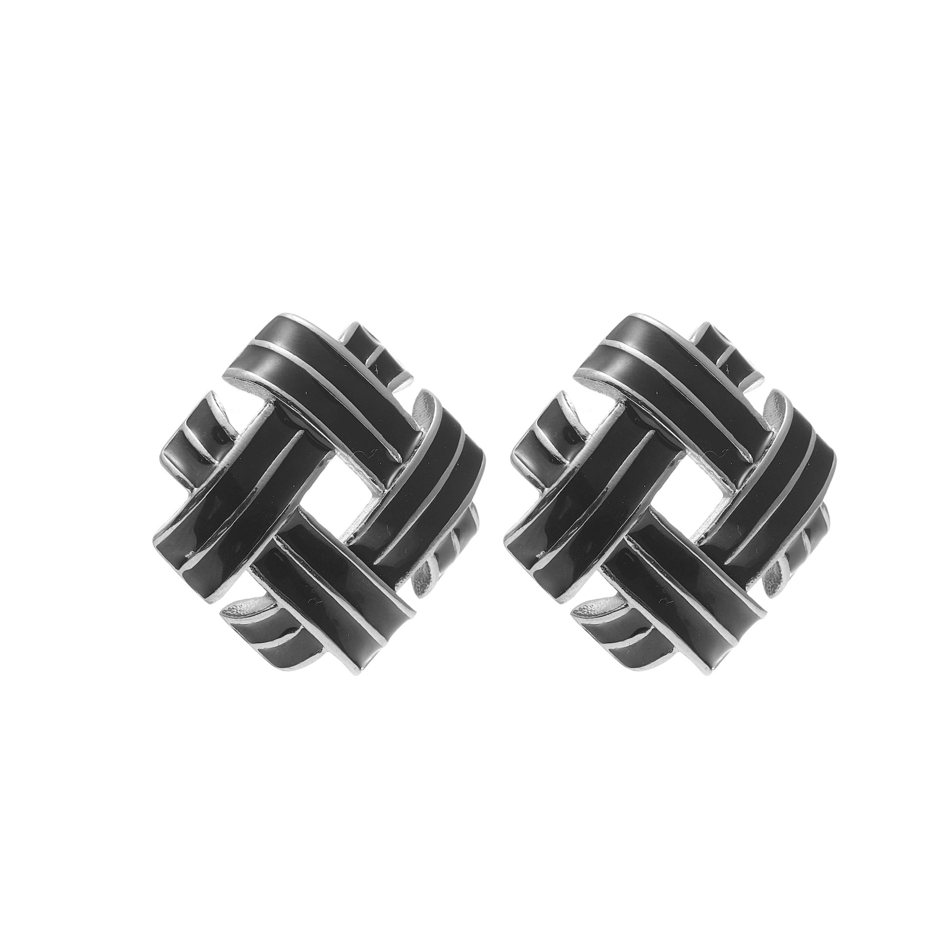 Vintage-inspired statement earrings in high-quality stainless steel with a silver finish and hand-painted black enamel criss-cross detailing