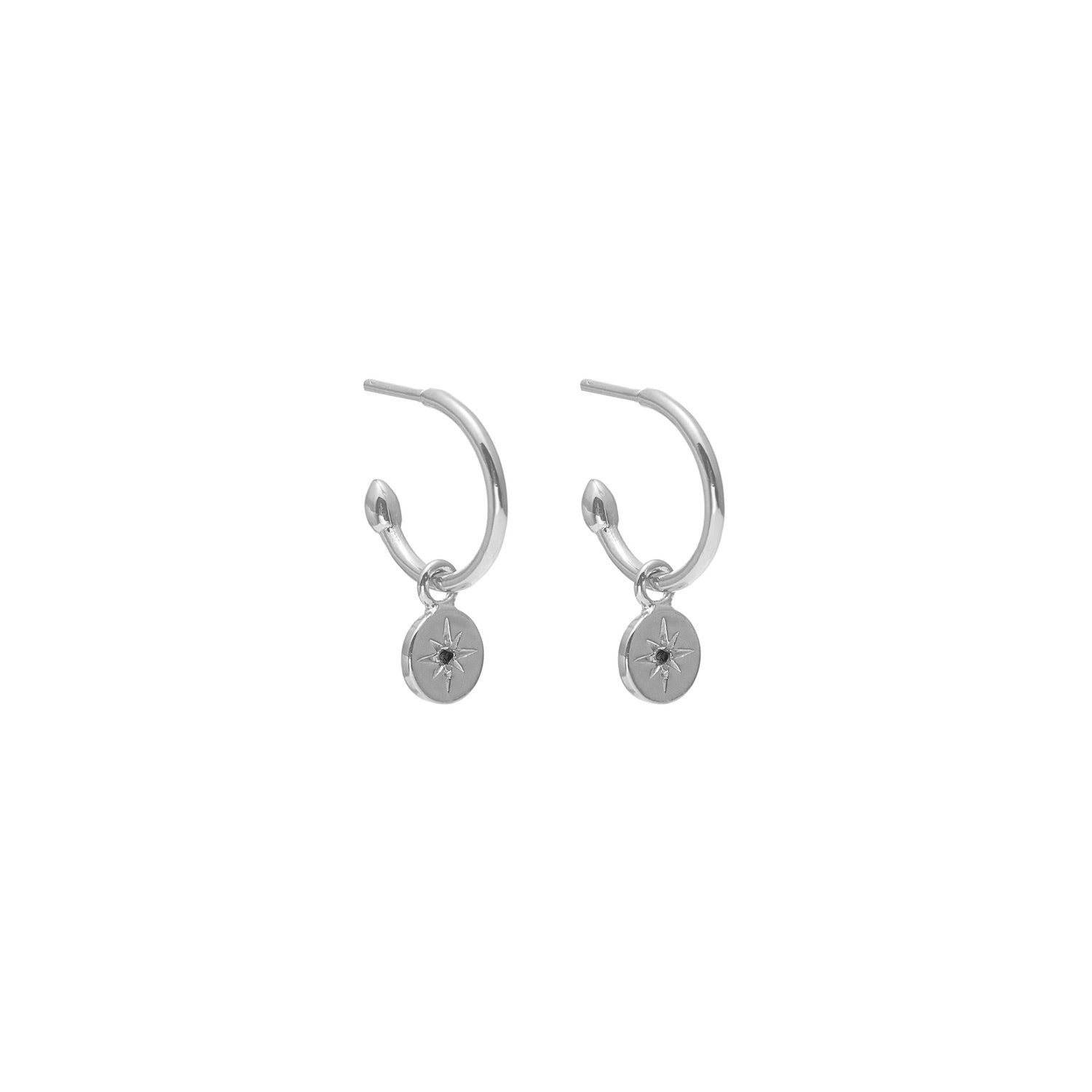 Petite North Star Hoop Earrings Black Diamond + Silver