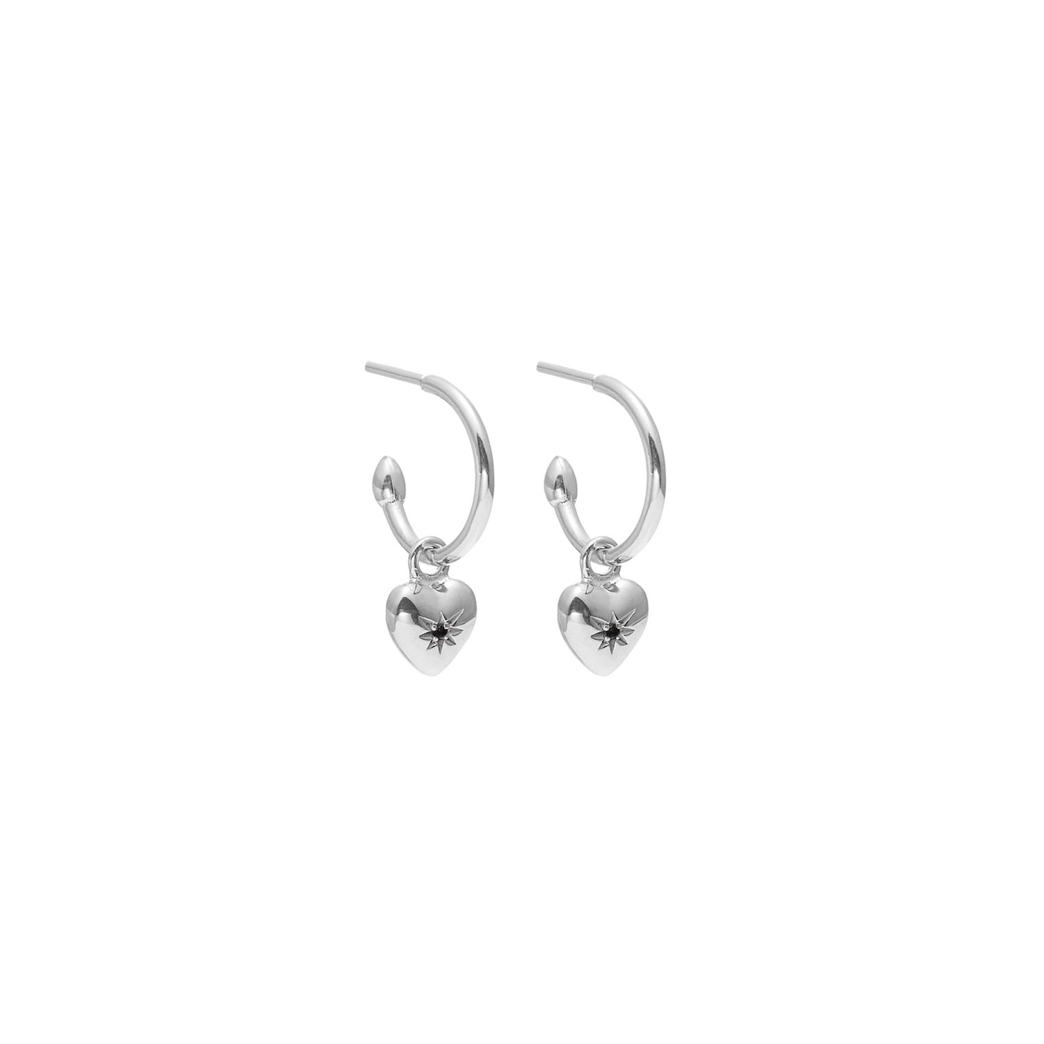 Petite Puffed Heart Hoop Earrings Black Diamond + Silver