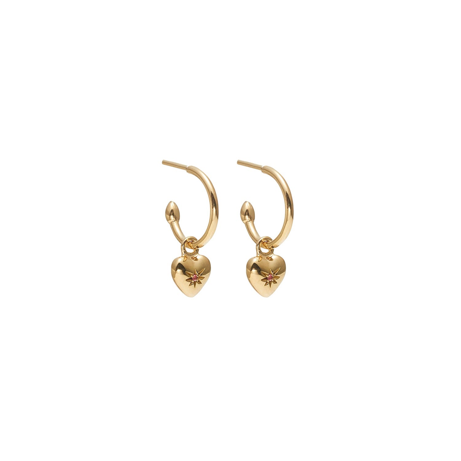 Superfine Petite Puffed Heart Hoop Earrings in 14k gold-plated Sterling Silver with Ruby | Silk & Steel Jewellery