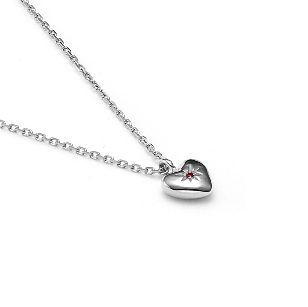 Superfine Petite Puffed Heart Necklace in  Sterling Silver with Ruby | Silk & Steel Jewellery