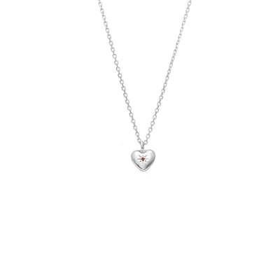 Superfine Petite Puffed Heart Necklace in Sterling Silver with Ruby | Silk & Steel Jewellery