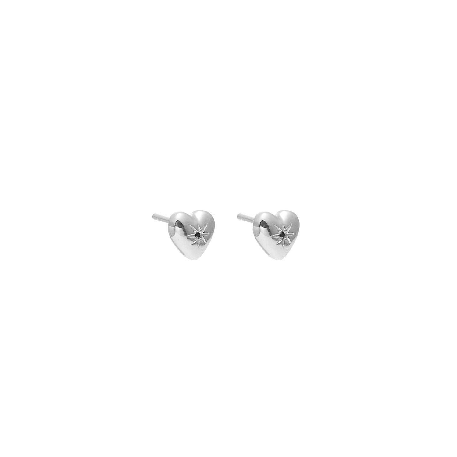 Petite Puffed Heart Stud Earrings Black Diamond + Silver