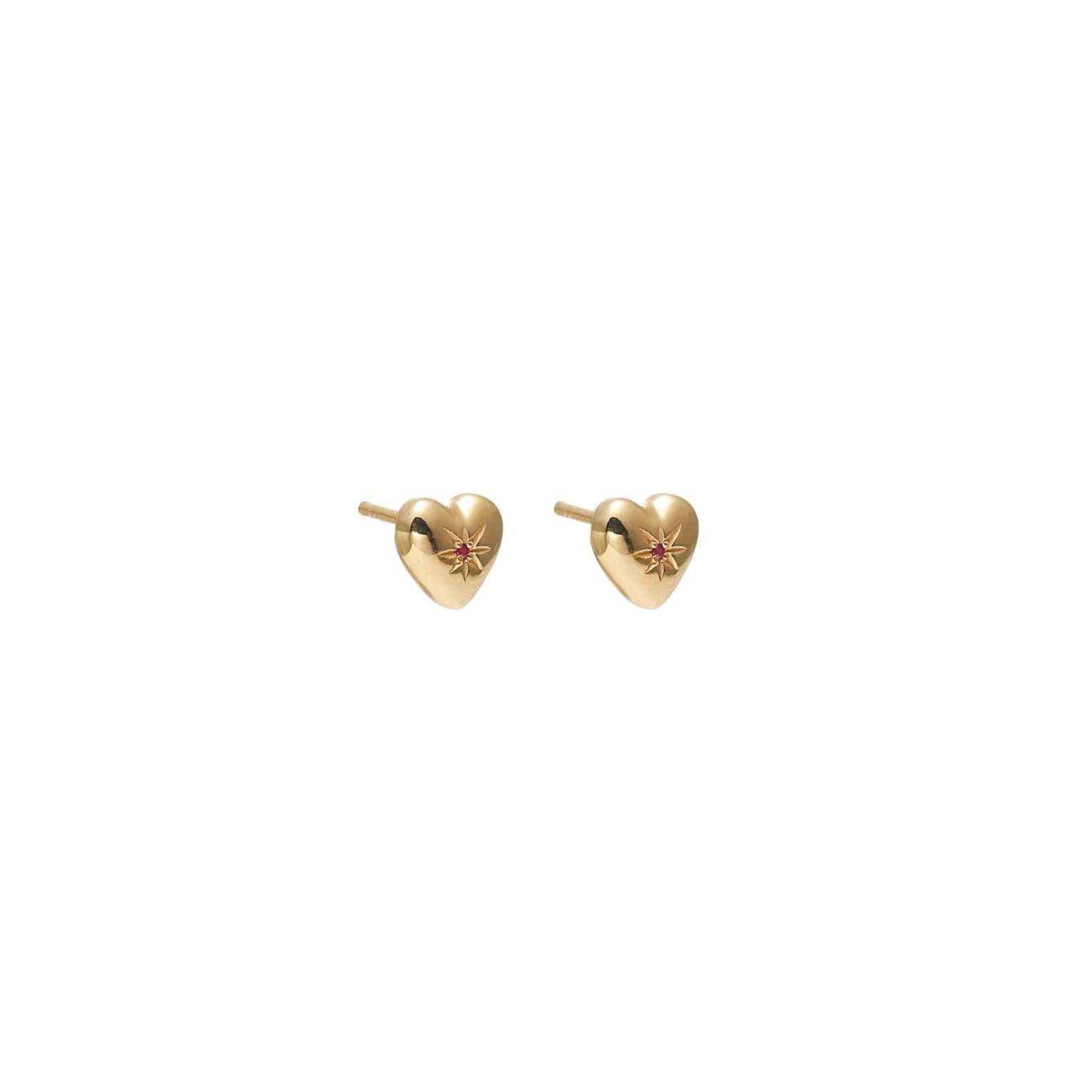 Superfine Petite Puffed Heart Earrings in 14k gold-plated Sterling Silver with Ruby | Silk & Steel Jewellery