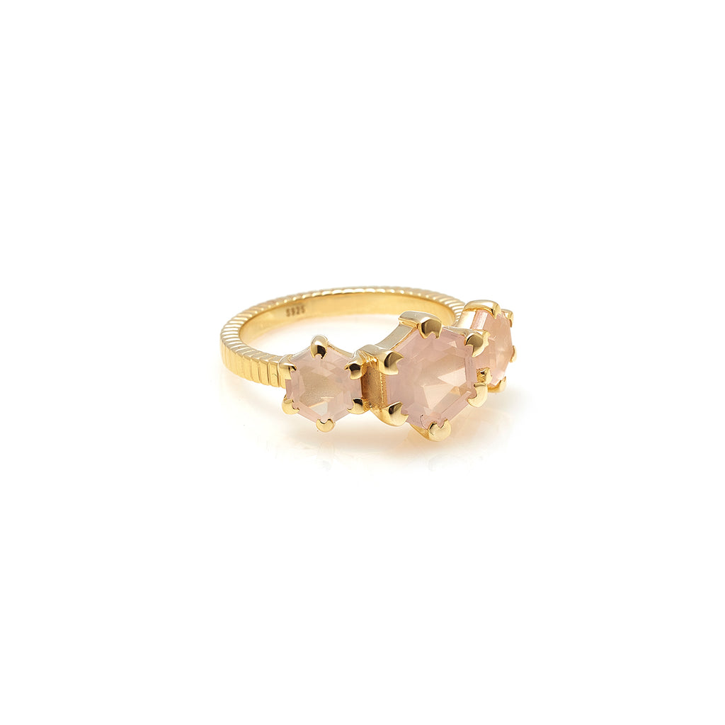 Silk & Steel Trinity ring with rose quartz in 14k gold-plated sterling silver.