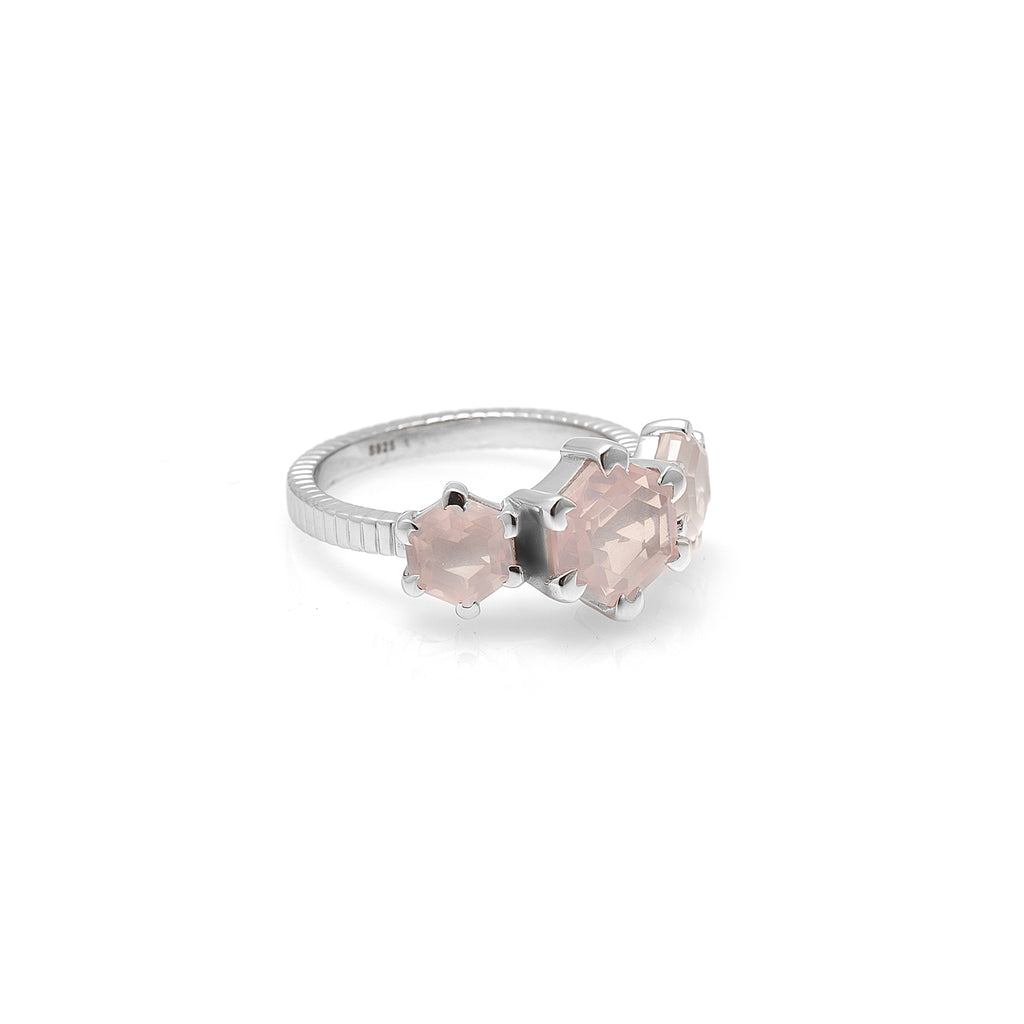 Silk & Steel Trinity ring with rose quartz in rhodium-plated sterling silver symbolising love