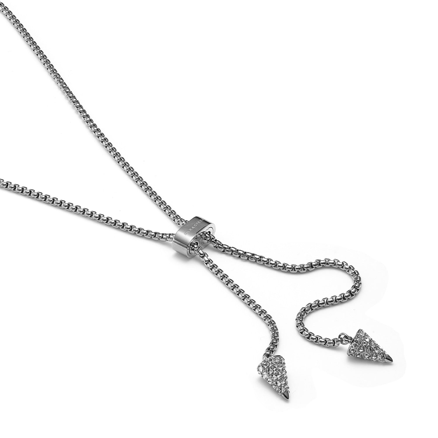 Voltage Lariat Necklace in silver stainless steel with Clear Cubic Zirconias | Silk & Steel Jewellery
