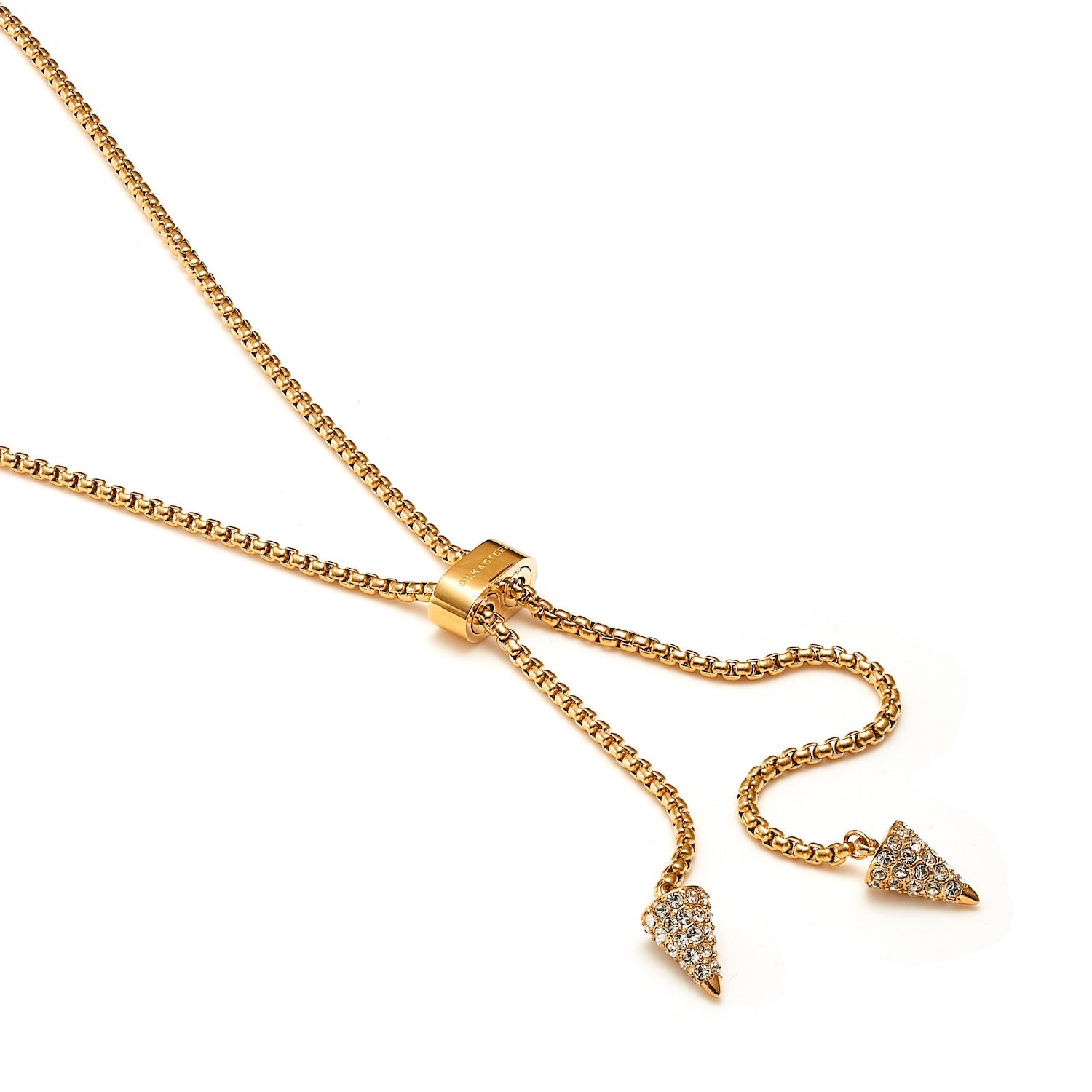 Voltage Lariat Necklace in 14k gold-plated stainless steel with Clear Cubic Zirconias | Silk & Steel Jewellery
