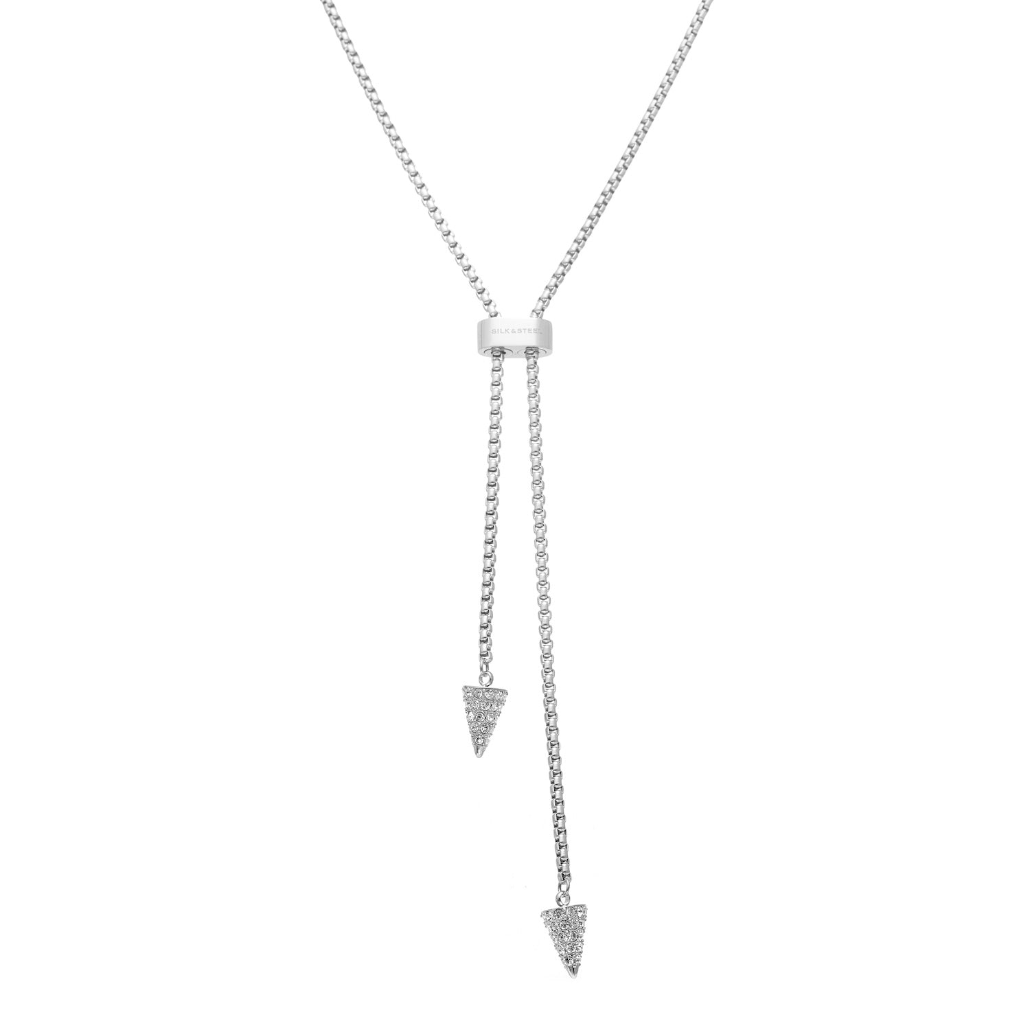 Voltage Lariat Necklace in silver stainless steel with Clear Cubic Zirconias | Silk & Steel Jewellery