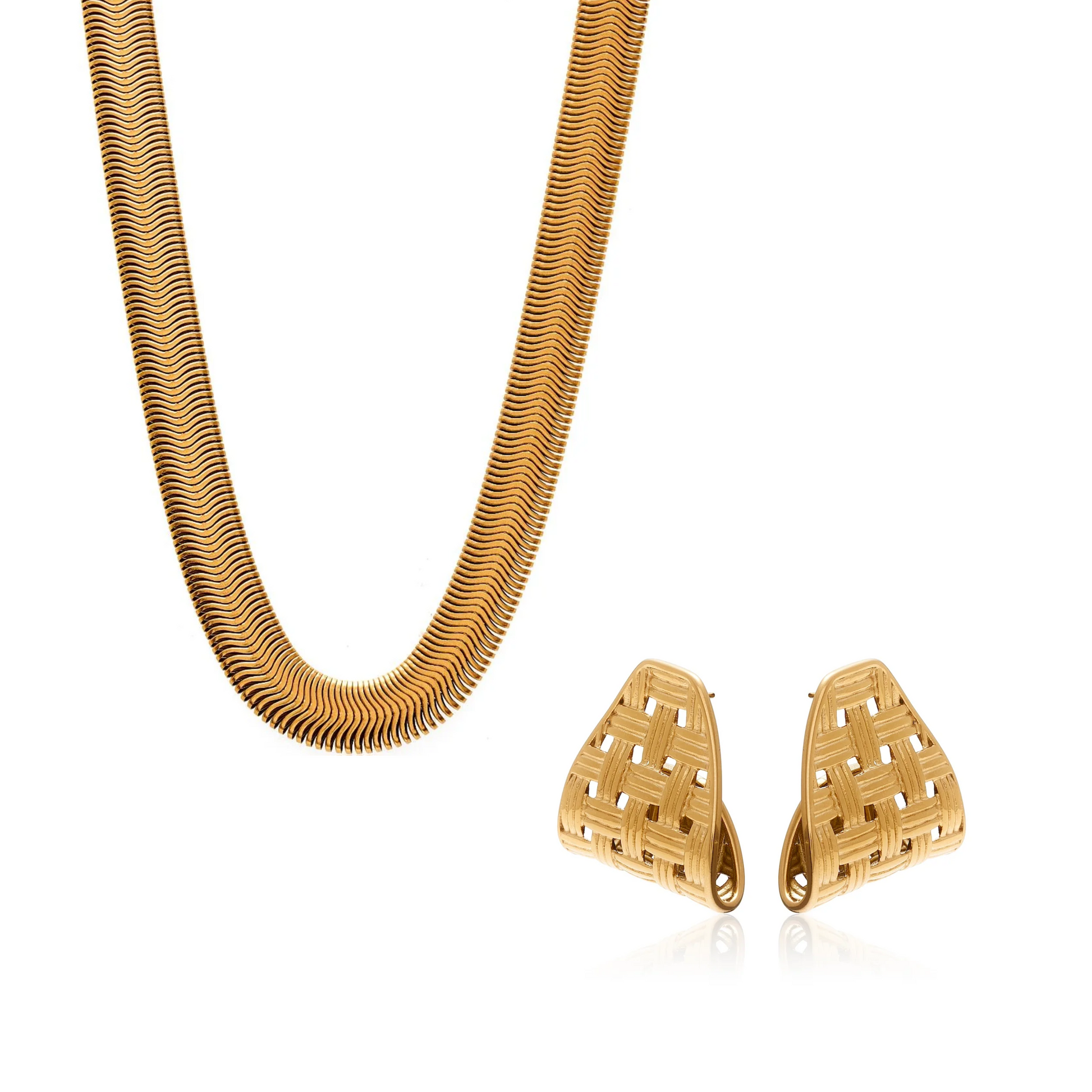 Jewellery Set - Slinky Herringbone Chain Necklace and Woven Lattice Earrings in 14k gold-plated stainless steel