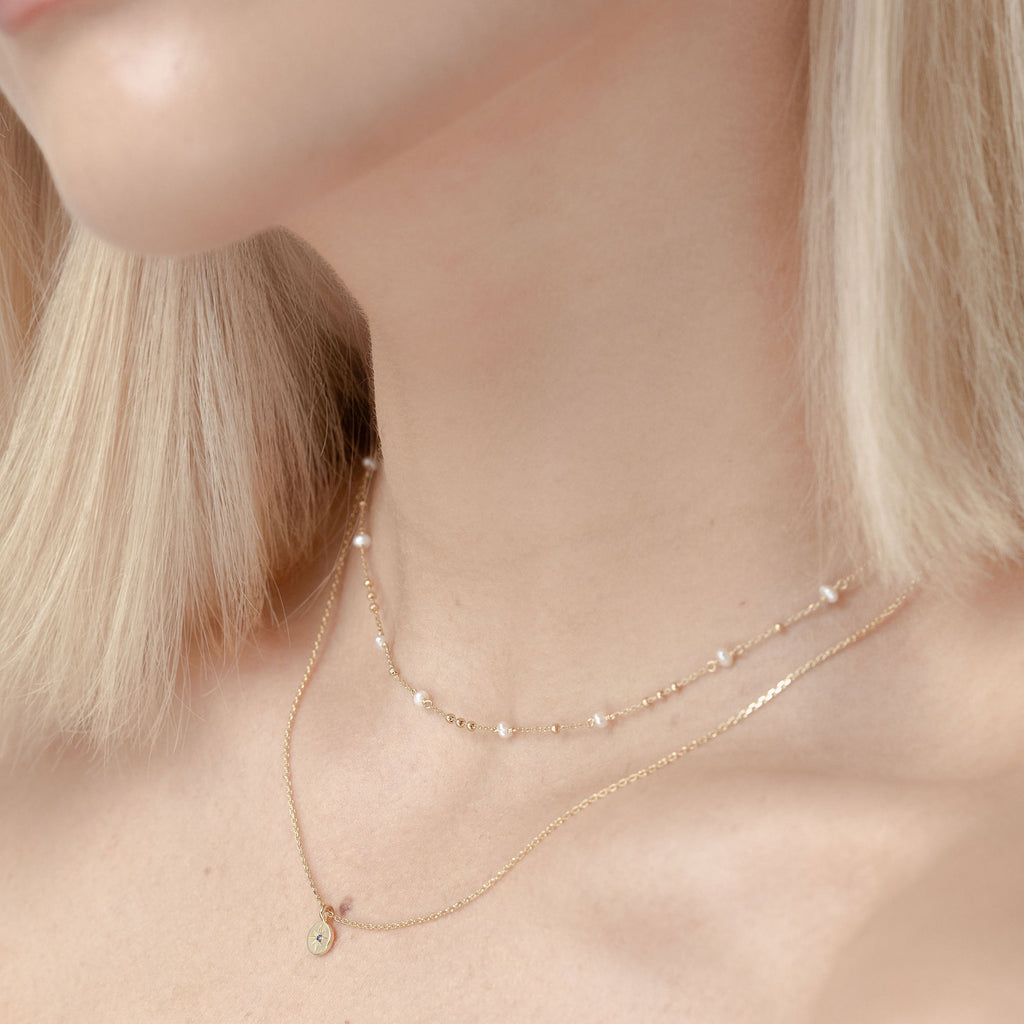 Superfine Dotty Necklace in 14k gold-plated sterling silver with freshwater pearls | Silk & Steel Jewellery