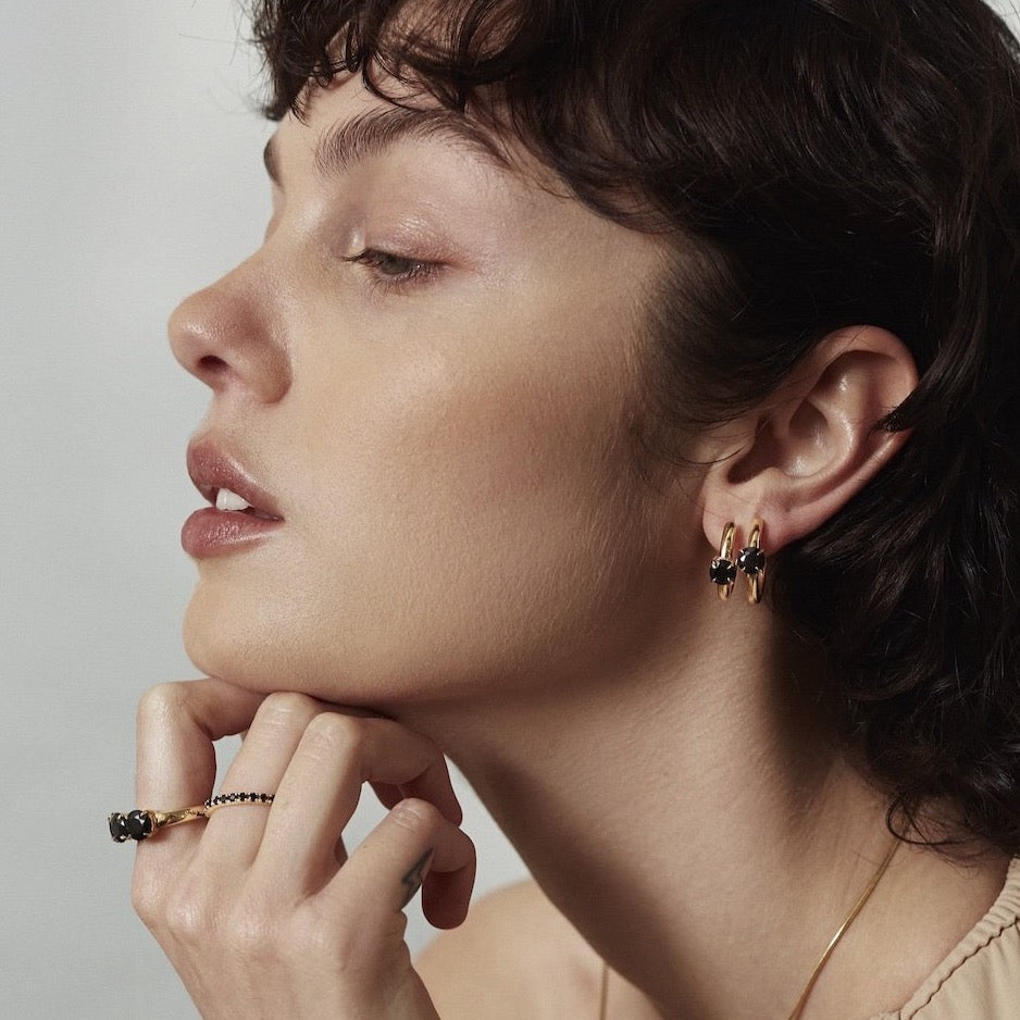 Silk & Steel Nostalgia Hoops Black Spinel + Gold