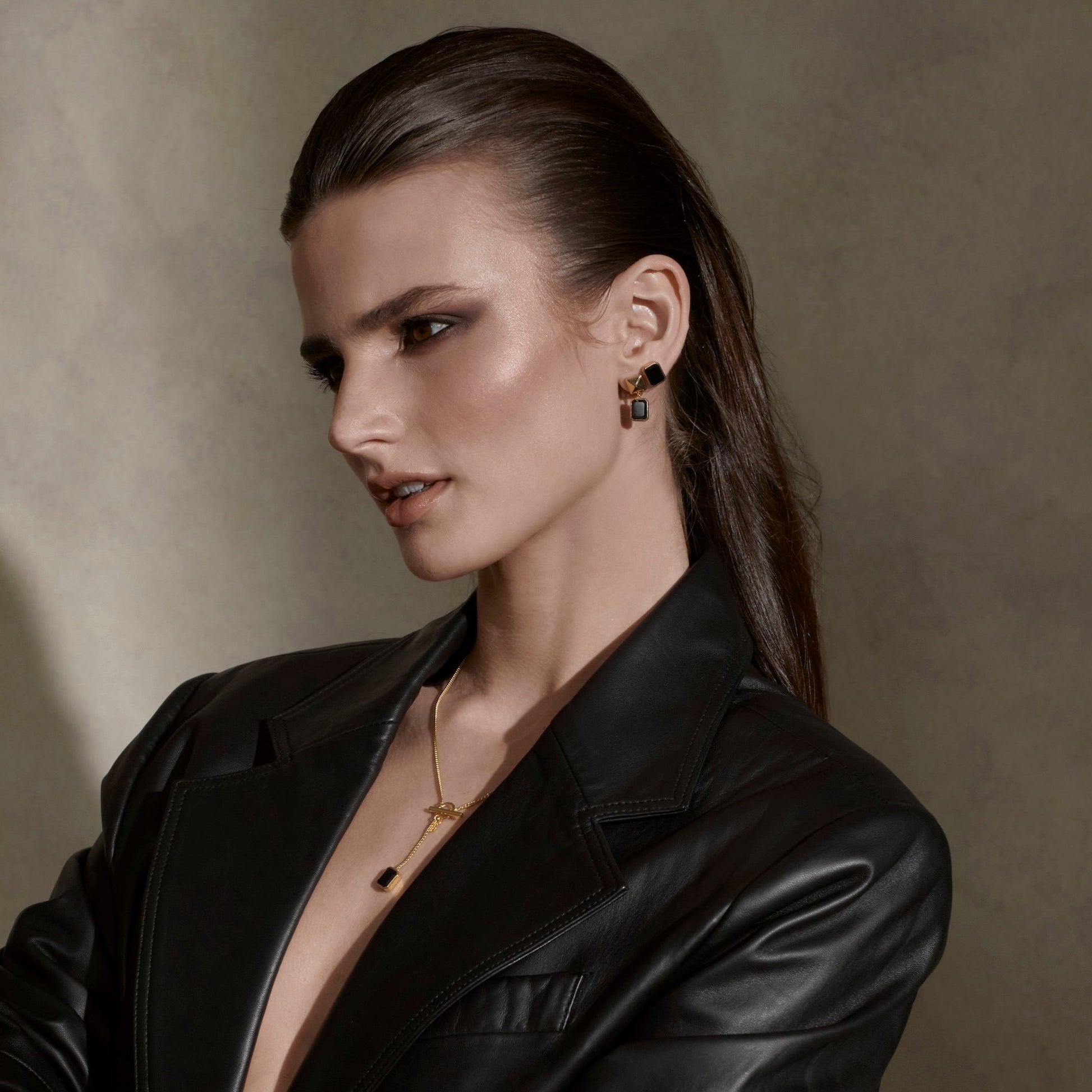 Silk & Steel Jewellery Athena Drop Earrings Black Onyx + Gold