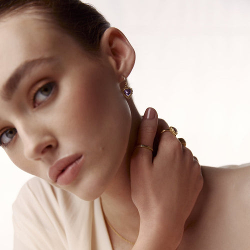 Silk & Steel Amour Radiating Heart Hoops in Brazilian Amethyst + Gold