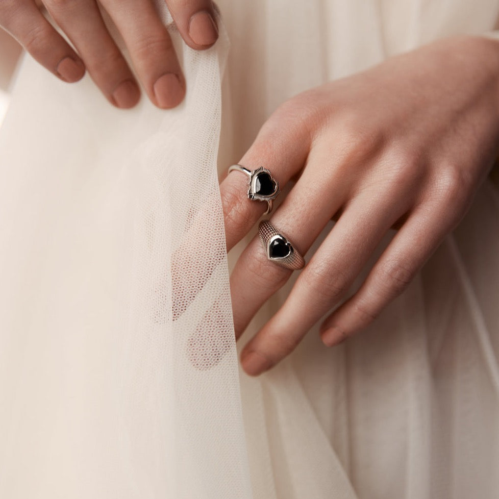 Silk & Steel Jewellery Romantique Signet Ring Black Spinel + Silver