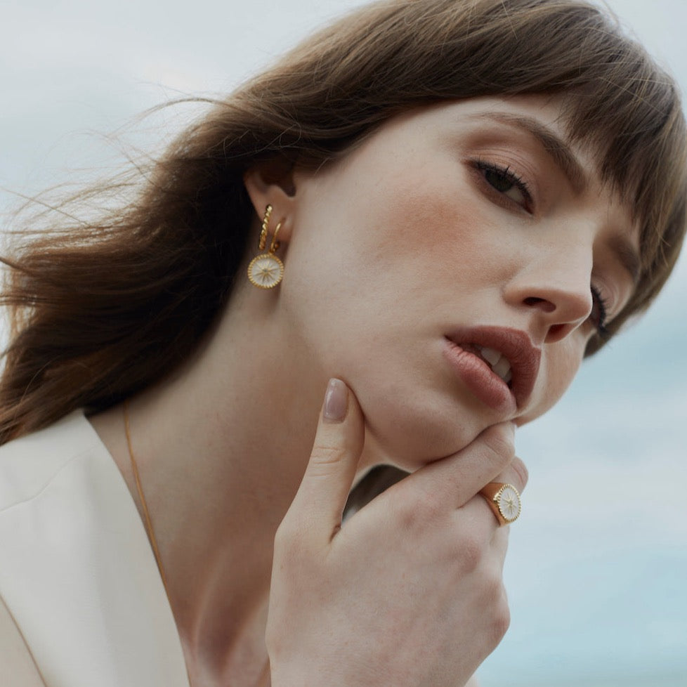 Silk & Steel Jewellery Guiding Star Hoops White Enamel + Gold