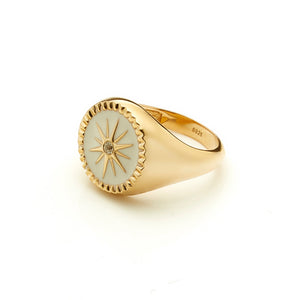Silk & Steel Jewellery Guiding Star Signet Ring White Enamel + Gold