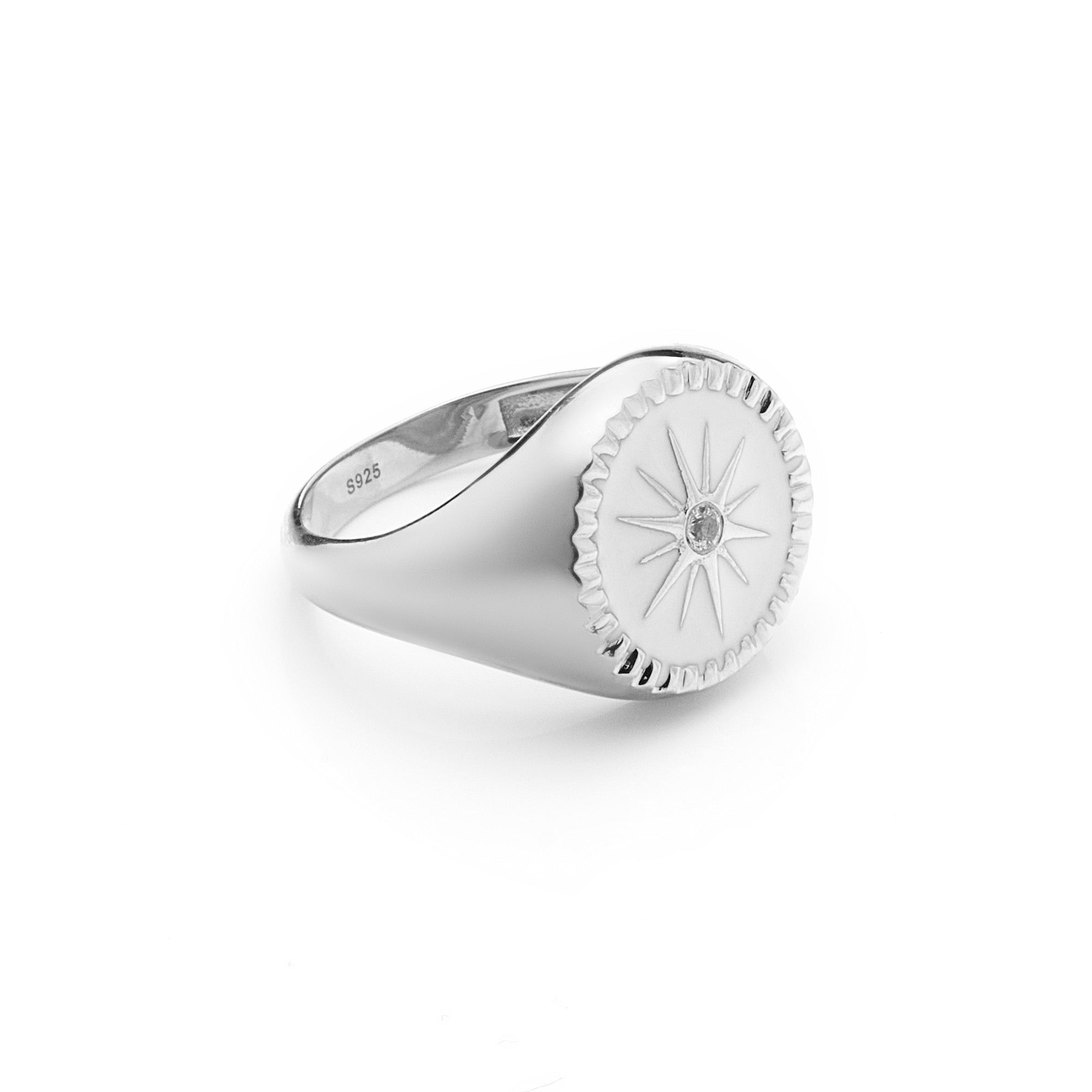 Silk & Steel Jewellery Guiding Star Signet Ring White Enamel + Silver