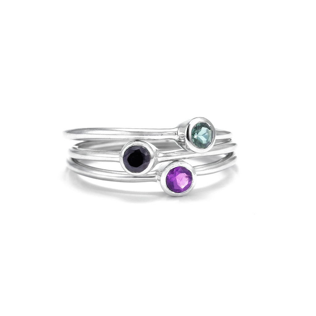 Silk&Steel Jewellery - Superluxe Pistil Bouquet Rings - Silver with Green Tourmaline, Amethyst, Black Spinel. Set of 3