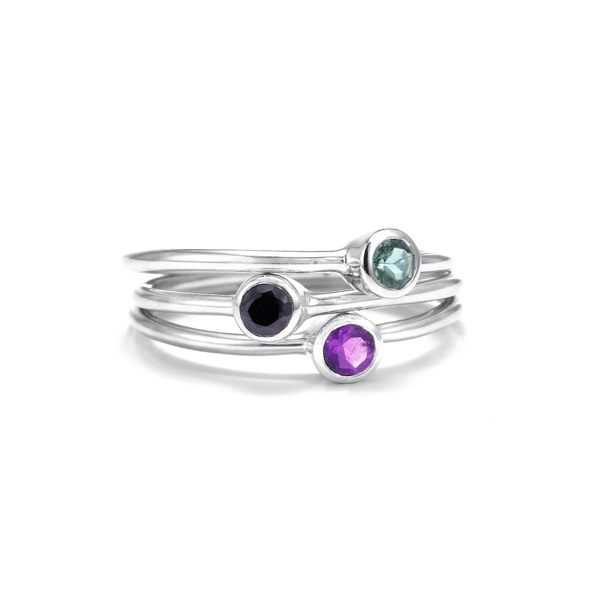 Silk&Steel Jewellery - Superluxe Pistil Bouquet Rings - Silver with Green Tourmaline, Amethyst, Black Spinel. Set of 3